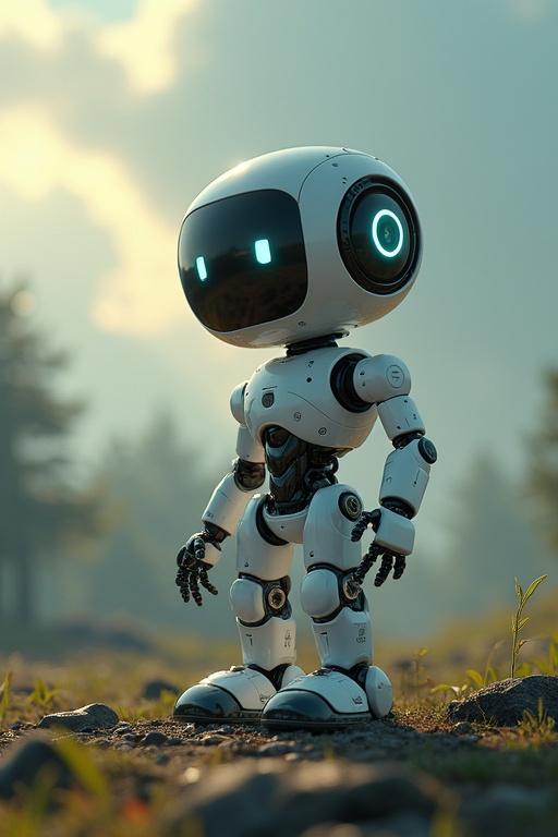 A robot designed to protect the environment stands in a natural setting. The robot features a round head and glowing eyes. The background shows trees and a calming sky. The scene conveys a sense of innovation and care for nature.