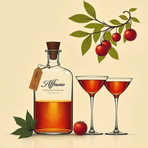 A minimalist artwork shows a serene scene in an orchard. A woman holds a cocktail glass wearing a short sun-dress. An apothecary bottle with a glowing elixir is nearby. Two identical cocktail glasses sit next to the bottle. The background is beige. The composition is clean, bold, and follows the golden ratio.