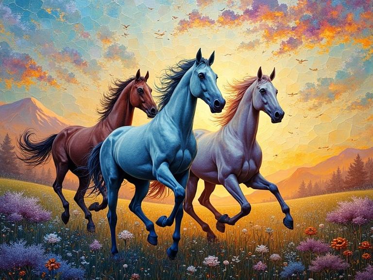 Horses running through a beautiful landscape. The image features intricate details and combines art nouveau with futuristic styles.