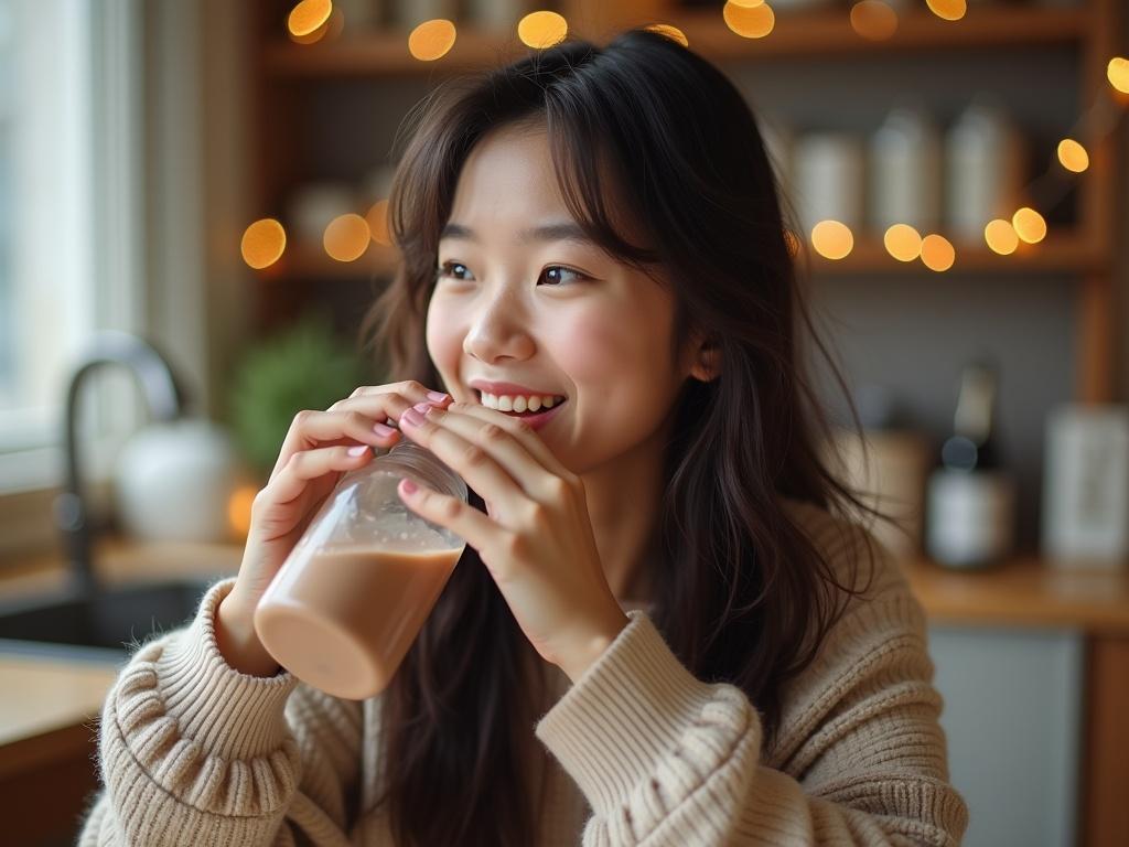 An Asian young adult is happily drinking from a bottle of chocolate milk, similar to the one in the image. She has a cheerful expression, indicating that she really enjoys the sweet, creamy taste of the beverage. The setting is casual and relaxed, perhaps in a cozy indoor environment. There is a hint of a festive atmosphere, with decorations in the background that complement her joyful experience. The young adult is dressed in a comfortable outfit, making the scene feel inviting and warm.