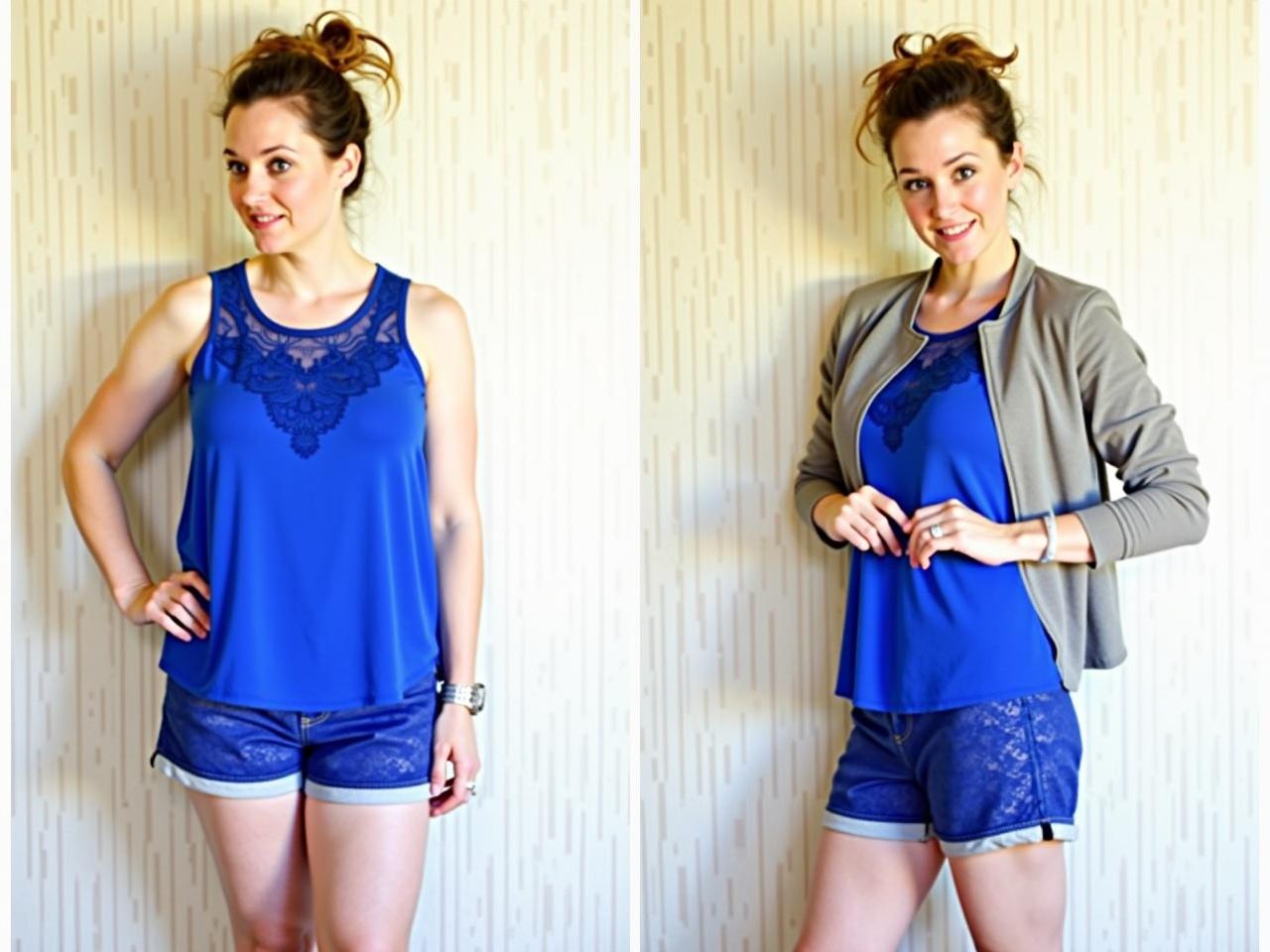 A person stands confidently in a stylish outfit that transitions from day to night. They are wearing a vibrant blue top with lace detailing and matching shorts, perfect for a casual daytime look. The background showcases a light-colored striped wallpaper, adding to the cozy feel of their home. For the night look, imagine the addition of sleek accessories and a light jacket to elevate the outfit. The hairstyle remains playful and chic, maintaining a fresh appearance for evening outings. This versatile look captures the essence of being ready for any occasion.