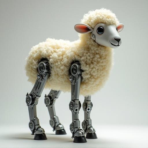 A robot lamb is created with soft wool covering. Visible mechanical parts are integrated into the design. The lamb features large, expressive eyes. It stands on all fours with a unique blend of nature and technology.