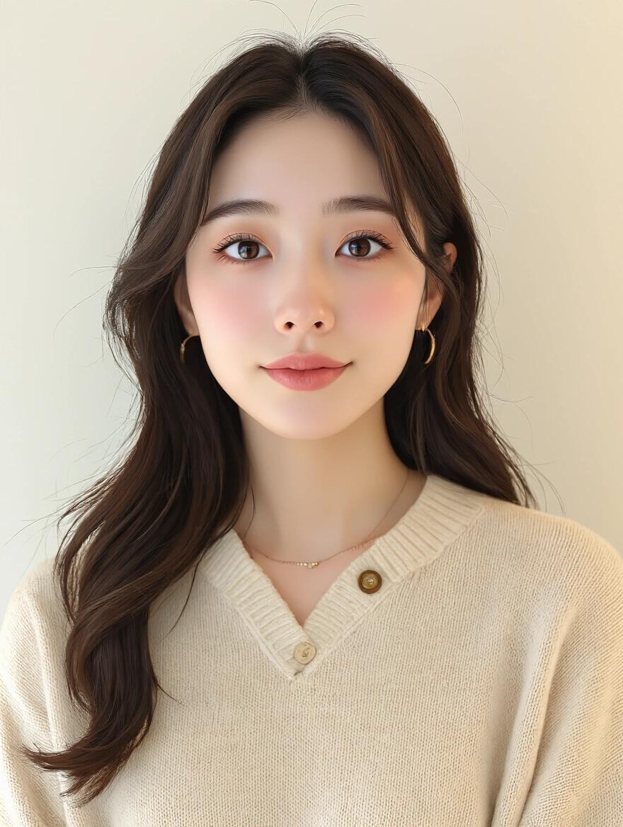 26 years old Asian female spa therapist with natural skin texture and slight pores. She has shoulder-length dark brown hair. Dressed in a soft beige massage outfit, exuding warmth. Positioned centrally in a massage room, smiling gently with her hands relaxed in front of her waist. Captured in medium shot for social media display.