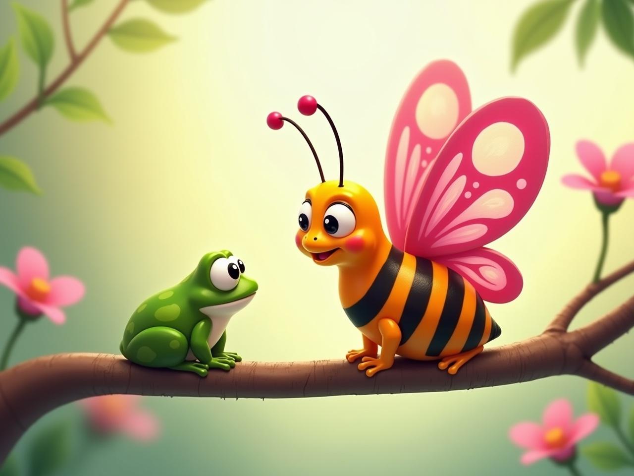 This illustration features a cute butterfly and a frog on a tree branch. The butterfly has large, beautiful pink wings and an orange body with black stripes. It has big, round white eyes and a happy smile, engaging in a conversation with the frog. The frog is green with noticeable spots and looks curious. The background includes flowers and soft, warm lighting, creating an inviting atmosphere. The style is reminiscent of Pixar animations, making it perfect for children's literature.