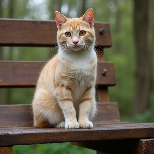 A cat is sitting on a wooden bench in a natural setting. The atmosphere is tranquil with soft lighting. The cat features an orange and white fur pattern. The background includes lush greenery. The cat is in a relaxed pose.