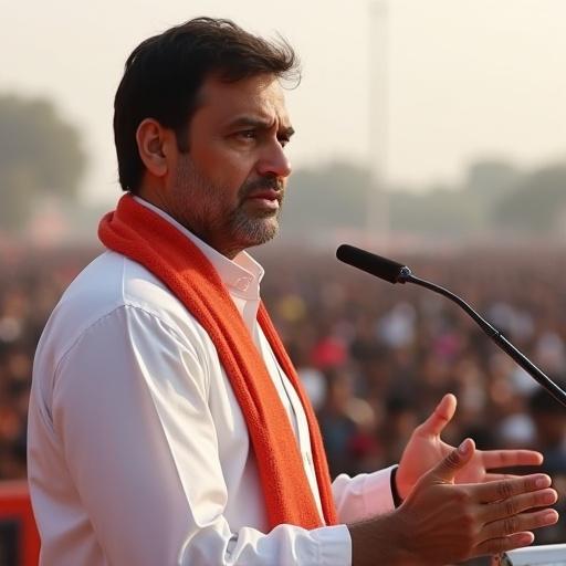 Rahul Gandhi speaking to a large crowd in Gujarat. He is wearing an orange scarf and looking engaged while addressing the audience.