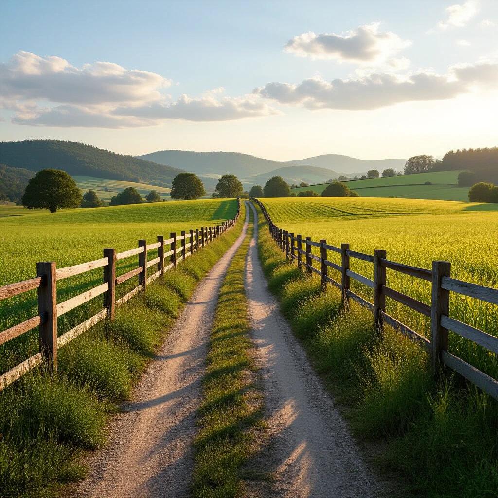 Side view of a rural path extending through green fields. Fences on both sides of the path. Beautiful landscape with mountains in the background under a clear sky.