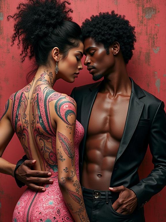 A couple poses intimately in pink and black tones. Skin features intricate tattoos with paisley patterns. Background has brown and red hues. Influences from Harlem Renaissance, Kandinsky, and Klimt. Hyper-detailed whimsical portrait.