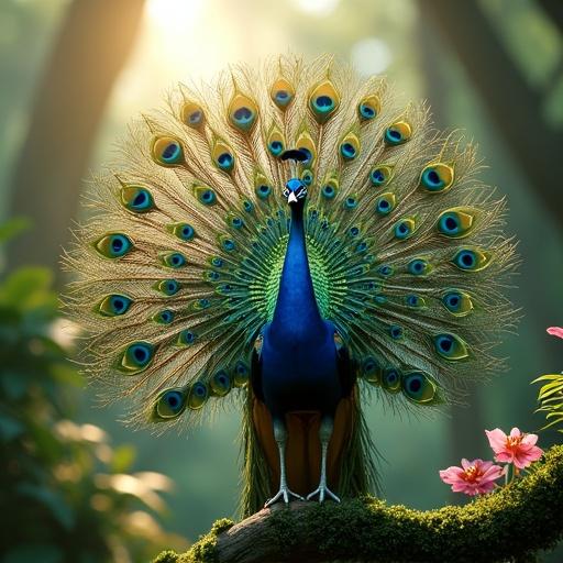 3D cinematic render of a peacock displaying its plumage in a jungle. The peacock has iridescent feathers of blues, greens, and golds fanned wide on a moss-covered branch. Sunlight filters through the canopy, illuminating it and highlighting lush ferns and orchids. Soft, diffused lighting creates a peaceful atmosphere, emphasizing the peacock's presence.