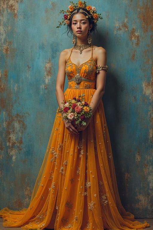 An elegant female figure in an orange gown stands holding a floral bouquet. The dress has intricate embellishments with a soft focus on the background. The colors are vibrant and eye-catching with a vintage textured wall.