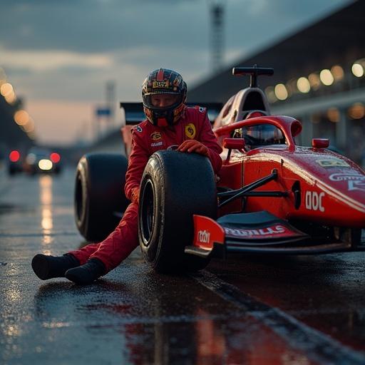 Image of a female racing driver unconscious in a racing car after a crash. The scene captures a dramatic moment of tension and concern. The car is displayed prominently, with surrounding elements indicating a racing environment.