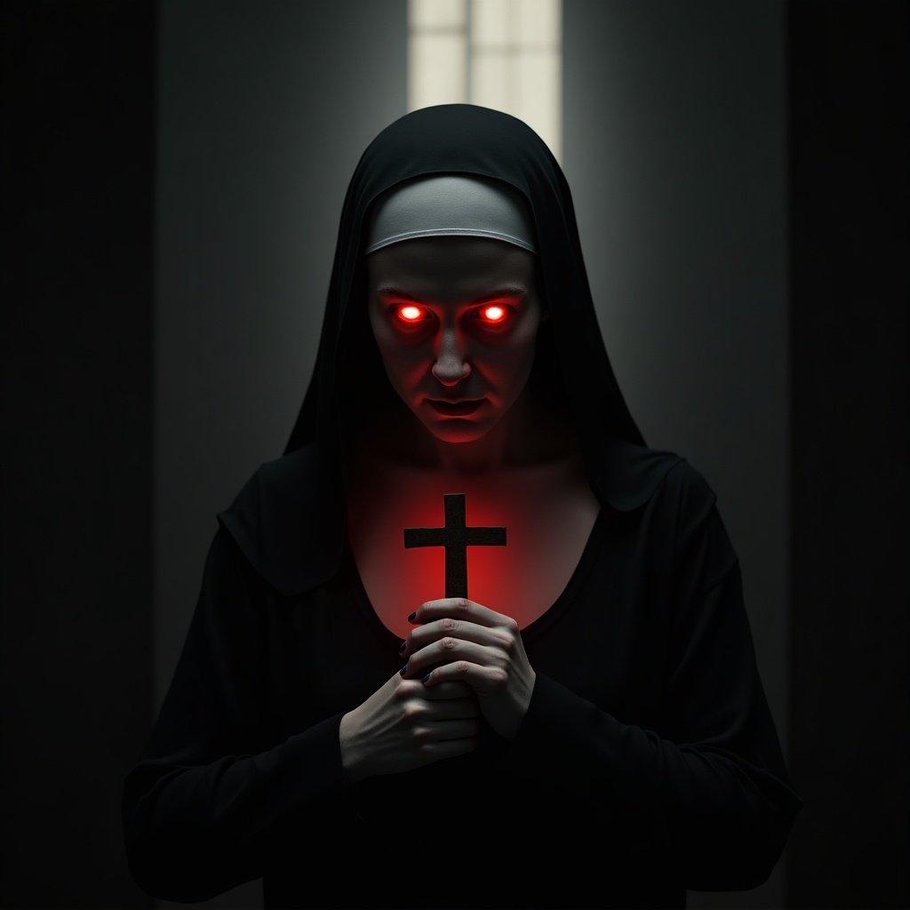 A nun standing in front of a dark background holds a cross. The setting evokes a supernatural atmosphere with glowing red eyes and blood-like imagery.