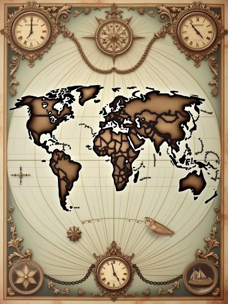 An artistic depiction of an old world map. The map features intricate borders and vintage styles. Surrounding elements include clocks and compasses. A blend of geographical and decorative features highlights the concept of exploration.