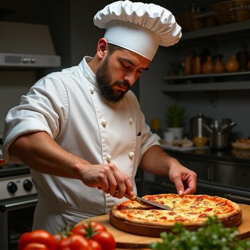 A realistic chef is actively cooking pizza in a kitchen. The chef is using a knife to slice the pizza. Surrounding are fresh ingredients like tomatoes. The kitchen is well-lit and equipped with cooking instruments.