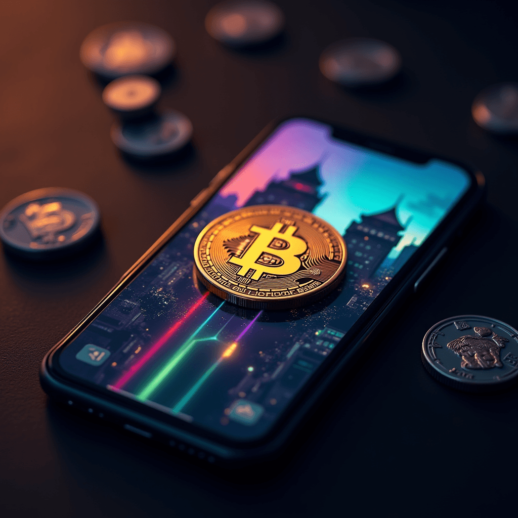 A shiny gold Bitcoin rests on a smartphone displaying a vibrant digital cityscape, surrounded by assorted coins on a dark surface.