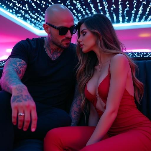 Tattooed man with a shaved head in a black t-shirt and sunglasses sits in a futuristic luxury car. Glamorous woman with long hair in a red dress leans in confidently. Glowing neon lights create an ambient backdrop with starlight.