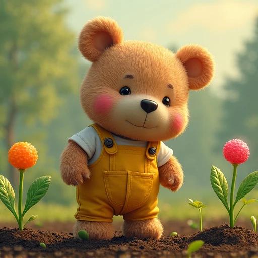 A bear wearing yellow overalls plants jellybean seeds in the garden. Colorful sprouts grow into lollipops.