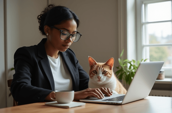 A woman in glasses works on her laptop with a ginger and white cat sitting beside her on a wooden table, in a bright, well-lit room with a potted plant in the background.