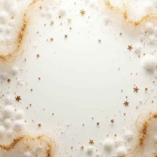 A serene white background adorned with golden threads and a scattering of stars. Celestial elements create a festive atmosphere.