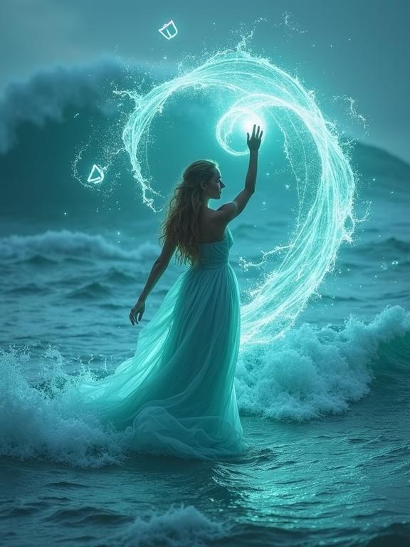 A mystical fairy stands in ocean currents with a glowing dress. She raises her hand summoning water energy. Aqua sigils float around her. Her serene expression contrasts with the rising sea, hinting at a tsunami. The scene is cinematic and otherworldly with a soft glow.