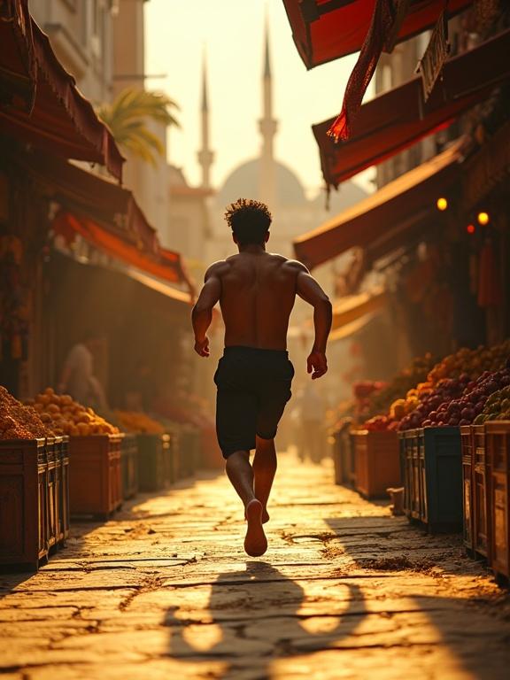 A photorealistic cinematic frame showing a man running in a busy market. The setting is Istanbul's Grand Bazaar during golden hour. Sunlight filters through the alley as he vaults over fruit crates. The scene captures dynamic movement and vibrant colors.
