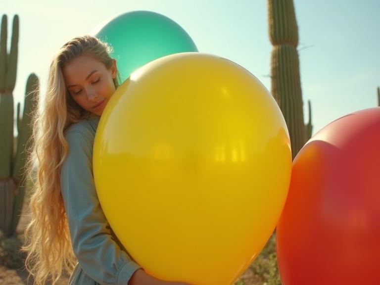 Distant full body shot of a woman with long wavy hair. She is bending over a giant yellow balloon. In a field of cacti with large glossy balloons in yellow, green, blue, and red.