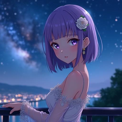 A beautiful anime girl with a calm expression radiates elegance and mystery. Straight violet hair in a bob cut adorned with a white rose hairpin. Wearing an elegant off-shoulder evening dress with floral embroidery. Leaning against an overlook railing at night. The sky features a vivid Milky Way. City lights below twinkle. Soft ambient lighting creates a romantic atmosphere. Cinematic composition in ultra-detailed style.