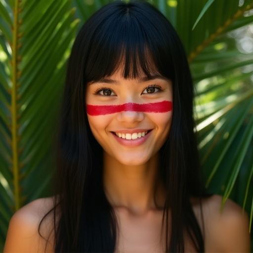 Portrait of a young woman with black hair and red face paint. She has a golden-tan complexion and is smiling warmly. Her eyes are expressive and framed by lush palm fronds. Soft daylight creates an ethereal look. Character combines fantasy and natural beauty.
