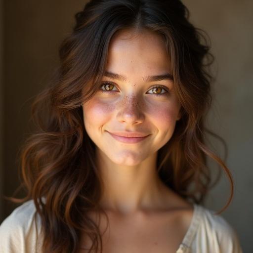 Village girl with brown wavy hair. Soft brown eyes. Tanned skin with freckles. Gentle smile. Natural look wearing a linen dress. Clean background in warm lighting. Upper body focus. Medieval fantasy style.