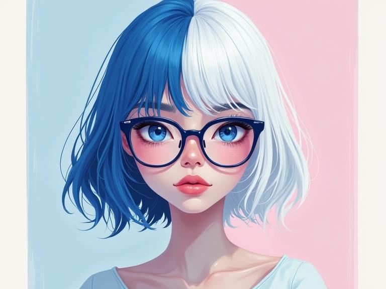 Mixed media digital art illustration of a nerdy Finnish woman with creamed lips. Half-blue half-white bob hairstyle against a soft pastel background. Blue and white makeup enhancing her features. Her expression shows quiet confidence. Glasses add an intellectual touch. Delicate features and intricate hair details. Pastel backdrop with pinks, lavenders, and creams creates a vibrant atmosphere. Celebration of creativity and self-expression.