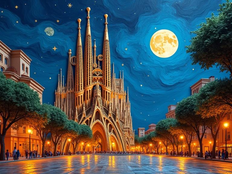A vibrant depiction of the Barcelona skyline at night. Sagrada Familia stands prominently with illuminated details. A full moon casts a soft glow over the scene. The city square reflects city lights. Thick textured layers of paint mimic a hand-crafted look. The backdrop features a Van Gogh-style starry sky, enhancing the night view. A captivating urban landscape captured in high detail.