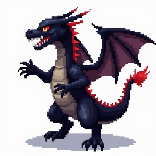 Transparent background. Character is 128x128 pixels. Pixel art dragon has red eyes and an open mouth. Dragon is facing left. Styled like Yu-Gi-Oh.