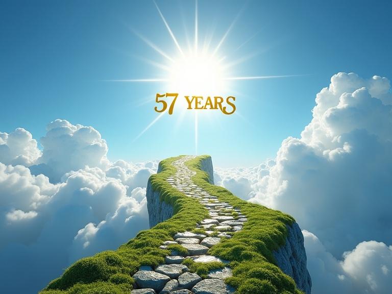 A floating pathway rises up to the heavens. The pathway is made of moss and crystals. Intense pure light symbolizes infinity. The sky is cobalt-blue and cloudless. Elegant text '57 YEARS' appears in golden letters.
