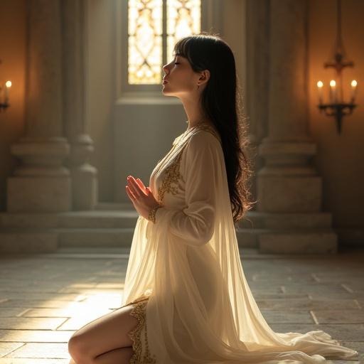 Ultra-realistic portrait of a young priestess in a medieval sanctuary. She has fair skin and long black hair. Her eyes are closed in prayer. She kneels on stone floors with hands at her chest. She wears a white gown with gold accents. The gown has sheer panels and high slits. The atmosphere is sacred with warm candlelight and incense smoke.