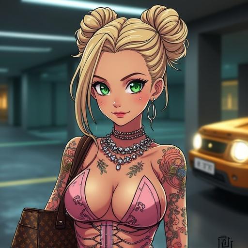 Anime style illustration of a 59 year old woman with emerald green eyes and a beautiful face. Features oversized light blonde bun and light pink diamond jewelry. Futuristic theme with half Japanese half Saiyan characteristics. Tall with big breasts and muscular arms, six pack abs. Light pink lipstick with white eyeshadow and multiple piercings. Inside a luxurious mega mansion garage, standing behind a light gold G Wagon.