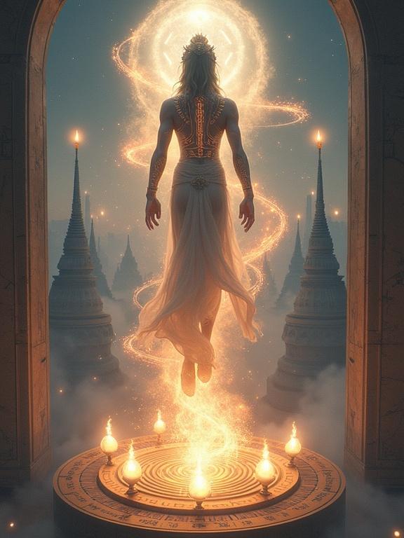 A Nepali hero hovers above a circular altar. Six relics orbit their figure. Armor glows with light veins. Sacred script pulses on limbs. Celestial mist swirls around temples in the background.