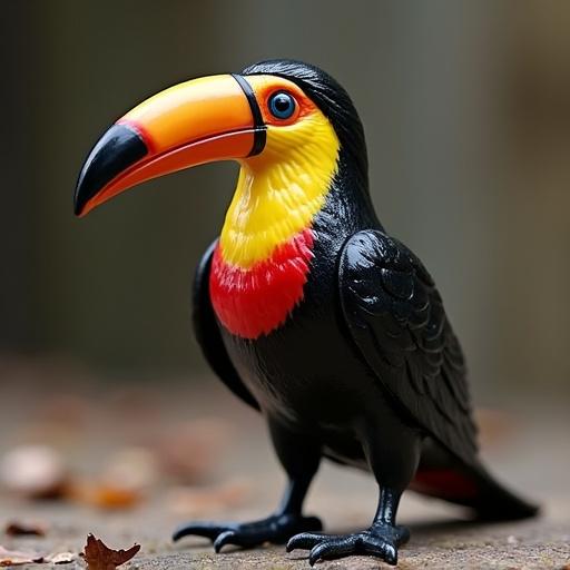 A toucan from Misiones in the style of Hasbro toys. An articulated anthropomorphic fox figure standing. Bright color scheme and playful design.