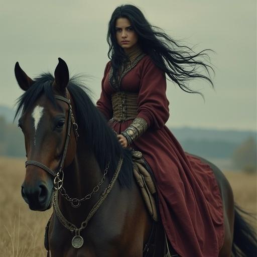 Female elf with black hair riding a horse in a mystical landscape. The horse has a dark coat. The rider wears a richly detailed outfit. Wind blows through the elf's hair. The background features a soft, earthy landscape with muted colors.
