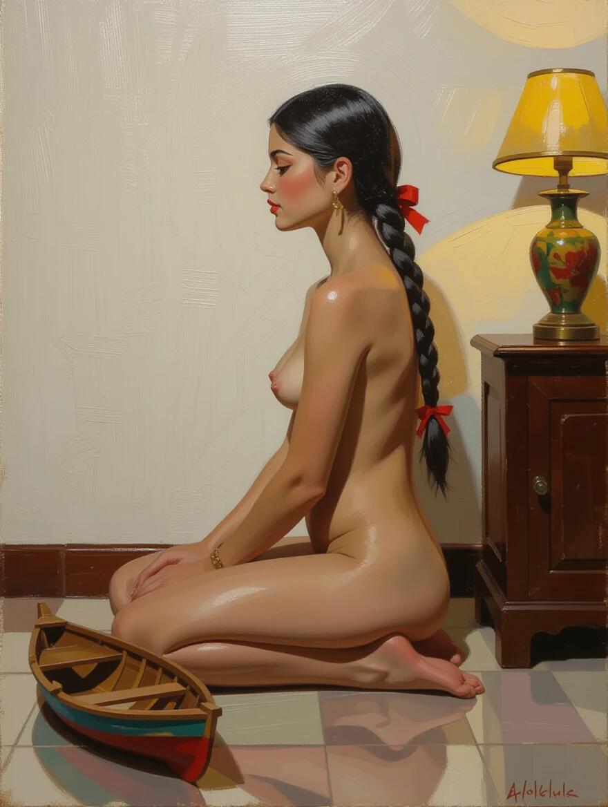 Oil painting of a nude young woman with light brown skin and long black hair. She sits on the floor with her back to the viewer, turned to the right. A red ribbon in her braid and a gold bracelet on her right wrist. Small wooden boat with colorful details in front. Dark wooden cabinet with yellow lamp on her right. Framed pictures on the blue wall behind her. Soft natural lighting casts gentle shadows. Medium close-up with background providing context and depth. Thick expressive brushstrokes create a textured feel.