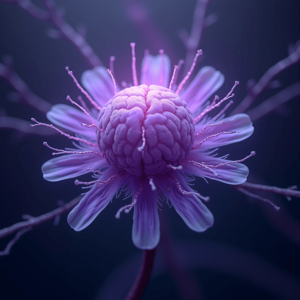 A surreal flower resembling a brain with vibrant purple and pink hues.