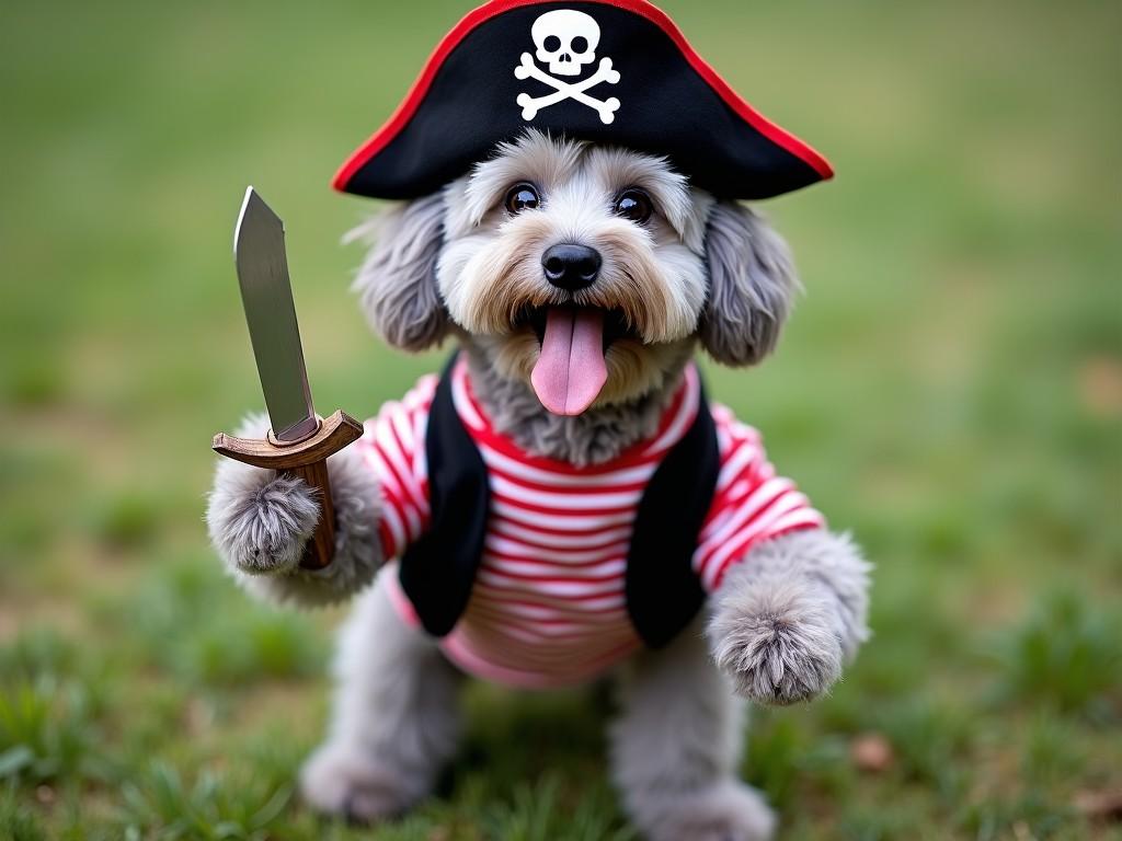 A playful dog dressed as a pirate stands on a grassy area. The dog has a fluffy, gray coat and wears a black pirate hat with a skull and crossbones. It is also adorned in a red and white striped costume with a black vest. The dog playfully holds a toy that resembles a pirate sword. Its tongue is out, showing its cheerful demeanor as it poses happily.