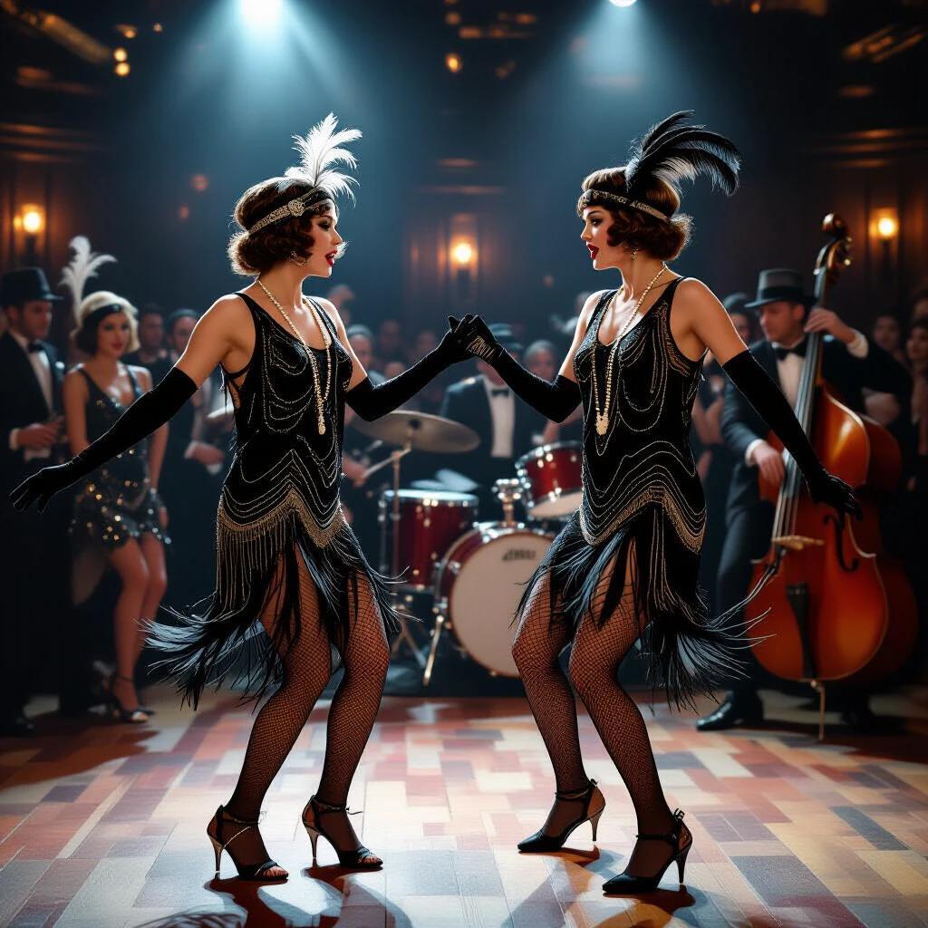 1920s speakeasy scene two rival flappers confront dance floor feathers flying jazz band pauses crowd watches drama
