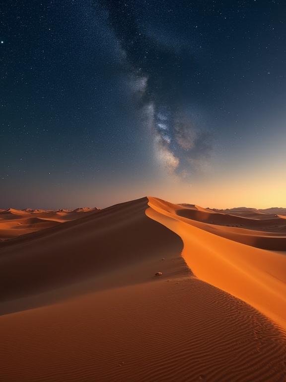 A stunning desert landscape featuring golden sand dunes under a starry night sky with the Milky Way visible.