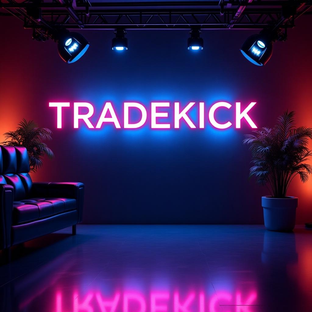 YouTube studio background with neon lights. Center displays 'TRADEKICK' in bright electric blue and neon pink. Surroundings have complementary lighting and decor. Ambiance is stylish and professional.