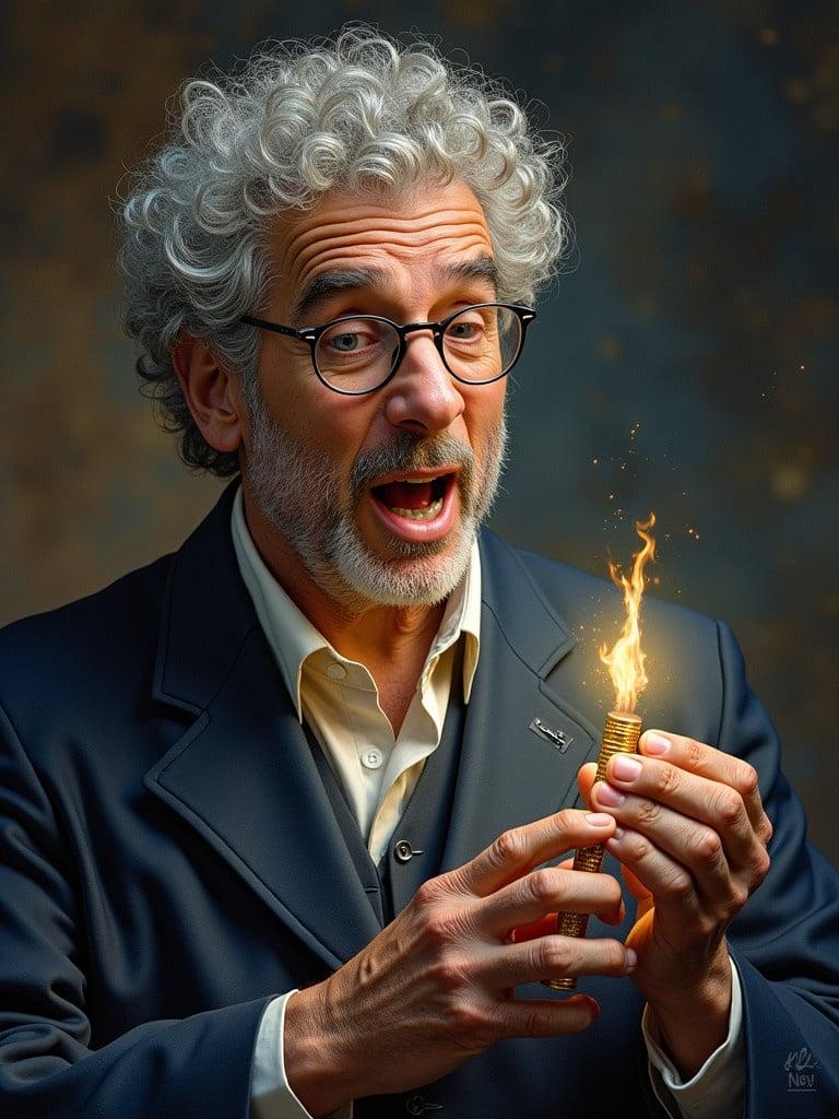 Create an artistic portrait of a rabbi with curly hair holding a lighter that produces a flame. The rabbi wears a dark suit with a white shirt. Focus on the light from the lighter and the textures of the fabric.