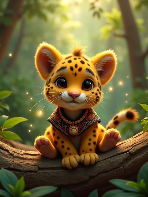 A 3D-rendered baby jaguar with golden fur and black rosettes. It sits playfully on a large tree root in the Paraguayan forest. The jaguar cub has big round eyes and small, rounded ears. It wears a small poncho with colorful ñandutí patterns and a handcrafted necklace. The background features tropical greenery and glowing fireflies in soft sunlight.