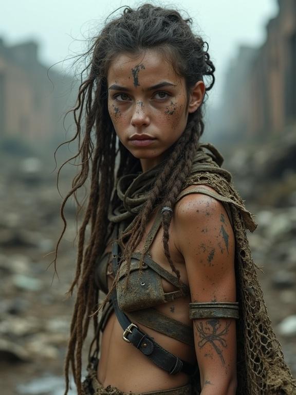 Detailed portrait of a huntress in a wasteland. She has long tangled hair and partial dreadlocks. Skin is dirty with mud camouflage. Tribal tattoos are visible on her face and arms. Expression is cold and wary. She wears self-made clothing from scavenged materials. Cloak is made from camo netting. Background shows a ruined city under a cloudy sky. Captured in high resolution with detailed textures and soft lighting.