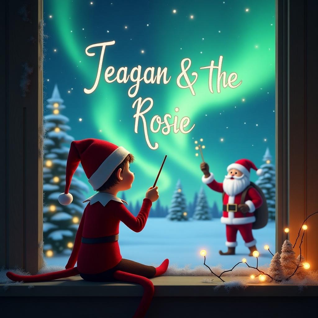 The image depicts an elf on the shelf, seated with his back towards the viewer, gazing up at the night sky. He holds a wand, magically writing the names 'Teagan & Rosie' in glowing letters. The backdrop is a whimsical Christmas scene featuring vibrant northern lights swirling in the sky. Santa Claus is visible in the distance, bringing festive cheer to the scene. Snow-covered trees frame the window, enhancing the holiday atmosphere. Lights drape over the window sill, adding a cozy touch.