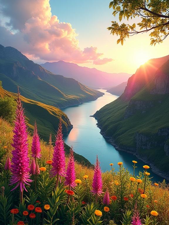 A vibrant mountainous landscape showcasing a winding river. Colorful wildflowers in the foreground, primarily bright pink and yellow, create a picturesque scene. The hills transition from green to golden-brown and reddish hues, while distant mountains appear rugged. A dramatic sky displays a warm gradient of pink and orange, suggesting sunrise or sunset. Lush green vegetation surrounds the area, framing the view with natural beauty.