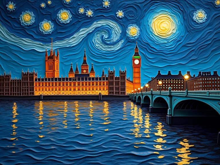 A vibrant papercraft panorama of the London skyline at night with water reflections and illuminated buildings under a Van Gogh-style starry sky. Thick textured layers create an impasto effect with metallic colors. Detailed architectural structures include Buckingham Palace, trees along the riverbank, and a bridge. Full frame panoramic view shows a dramatic composition with a full moon and city lights.